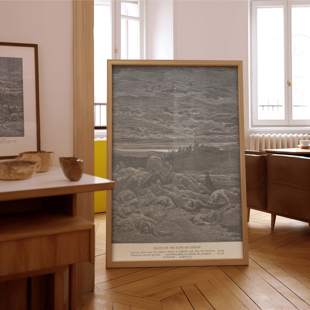 Canvas wall art of Gustave Dore's biblical tragedy showing death and retreat under a stormy sky, composed in classical engraving style for sacred home decor, chapels, or spiritual classrooms.