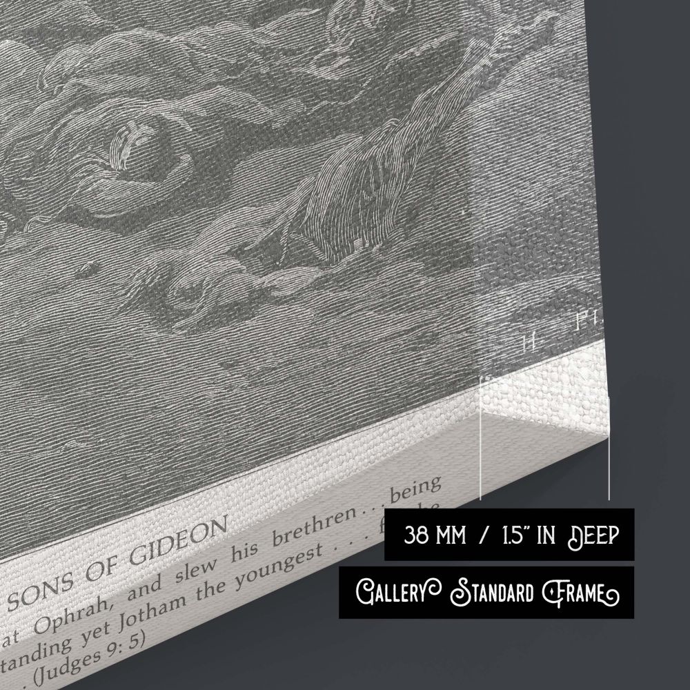 Artistic biblical canvas of The Death of Gideon's Sons showing mourning, death, and distant forces under dramatic clouds, evoking themes of consequence and sacrifice for reflective wall environments.