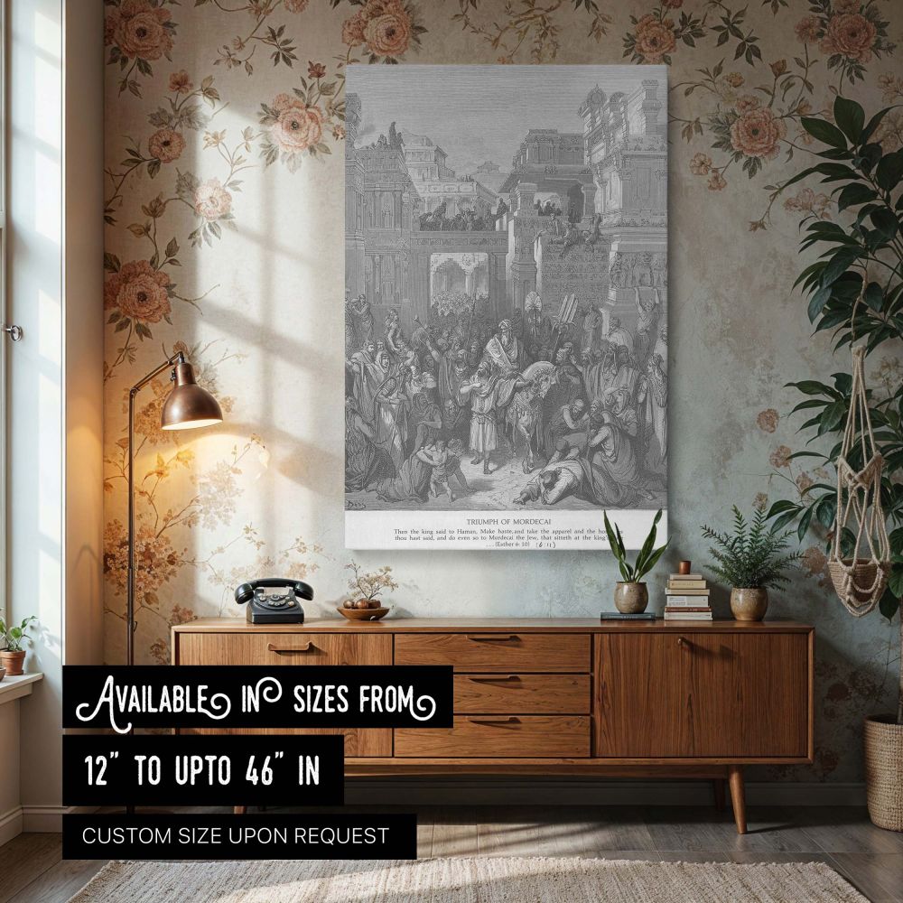This wall canvas features Gustave Dore's detailed engraving of Mordecai's triumphal parade through the Persian capital. Surrounded by crowds, Mordecai is led on horseback while nobles, guards, and citizens watch and celebrate. The grayscale artwork is fil