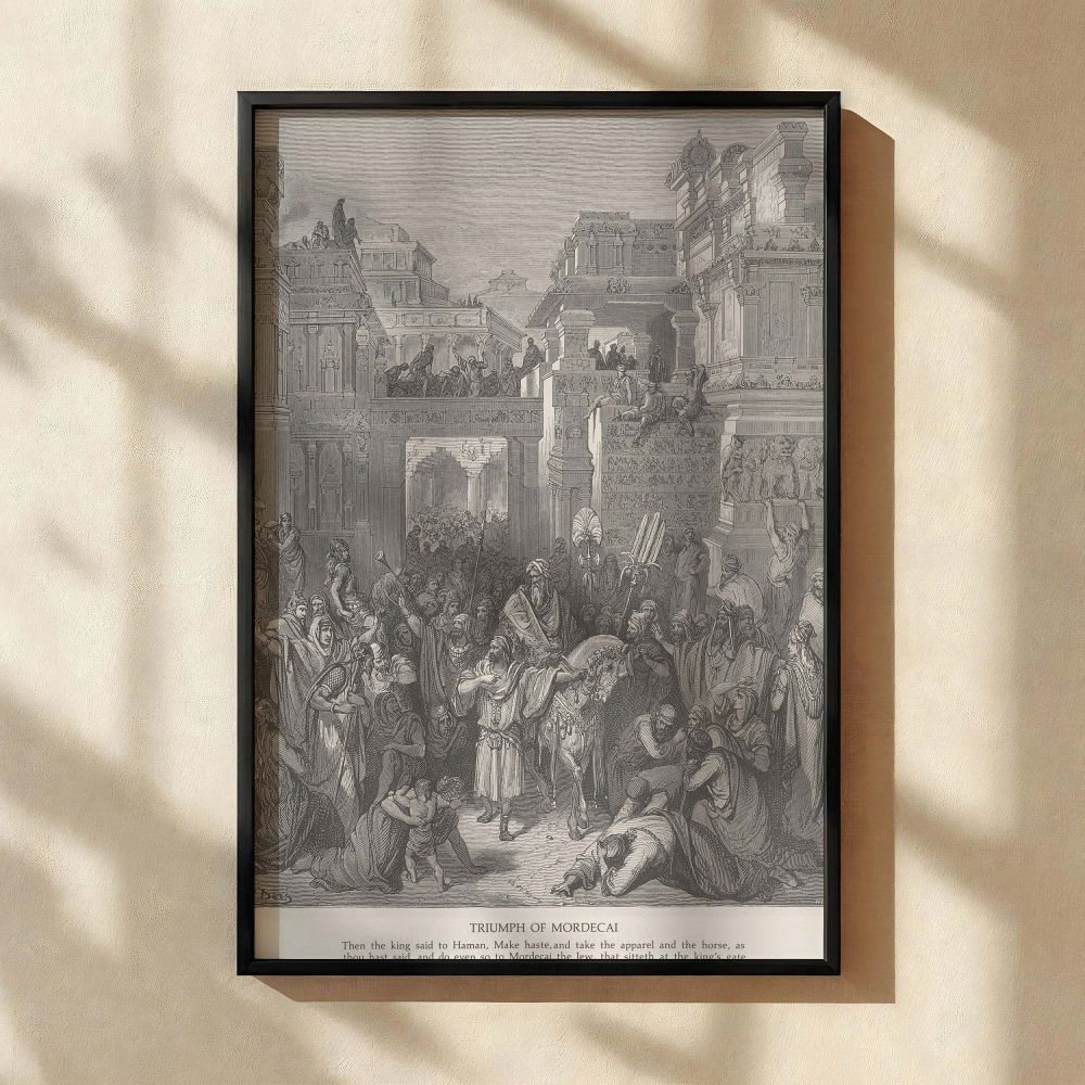 In this engraved masterpiece by Gustave Dore, Mordecai is honored in the streets of Persia after his faithful service is recognized by the king. The black and white wall canvas highlights the moment with towering structures, bustling crowds, and rich text