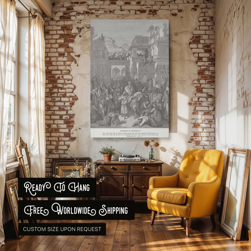 Featuring Dore's engraving of Mordecai's triumph, this wall canvas brings to life a pivotal Old Testament event. The scene is full of Persian architecture, noble spectators, and cheering crowds as Mordecai is honored. The fine monochrome detailing adds hi