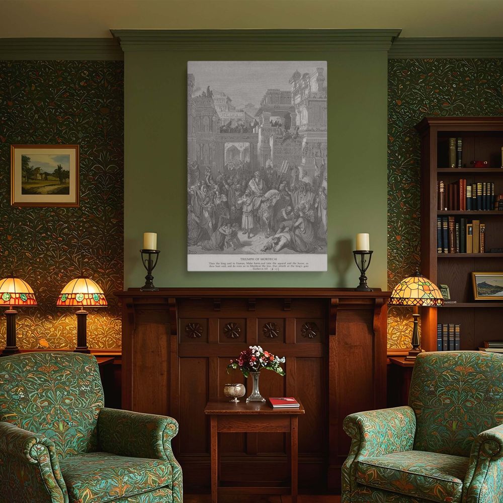 This monochrome wall canvas of Mordecai's triumph by Gustave Dore captures a celebratory biblical scene in a richly detailed Persian city. The engraving is filled with crowds, arches, and royal garments, all leading the eye toward Mordecai on horseback at