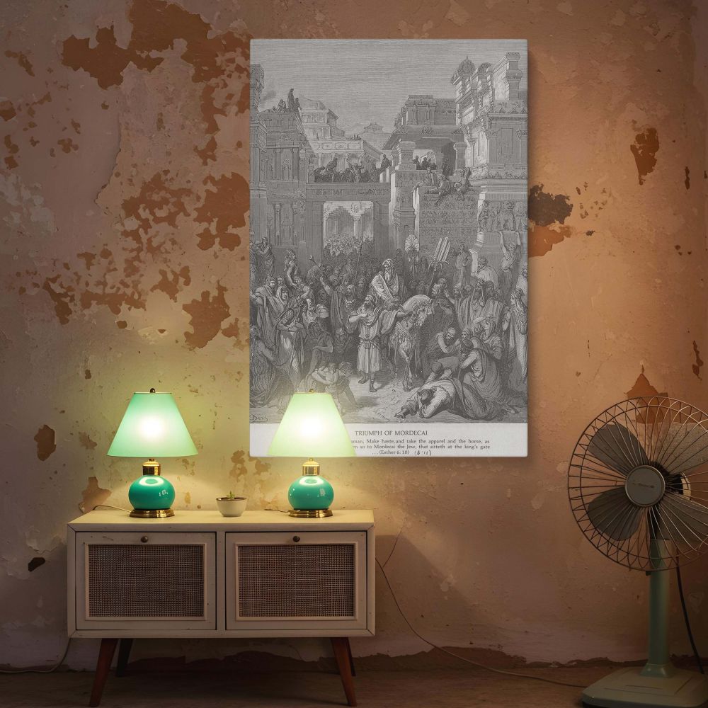 Bring home a historic moment of justice with this wall canvas of The Triumph of Mordecai, illustrated by Gustave Dore. The grayscale design showcases ornate city architecture and joyful spectators as Mordecai is led in honor. This canvas exudes biblical g