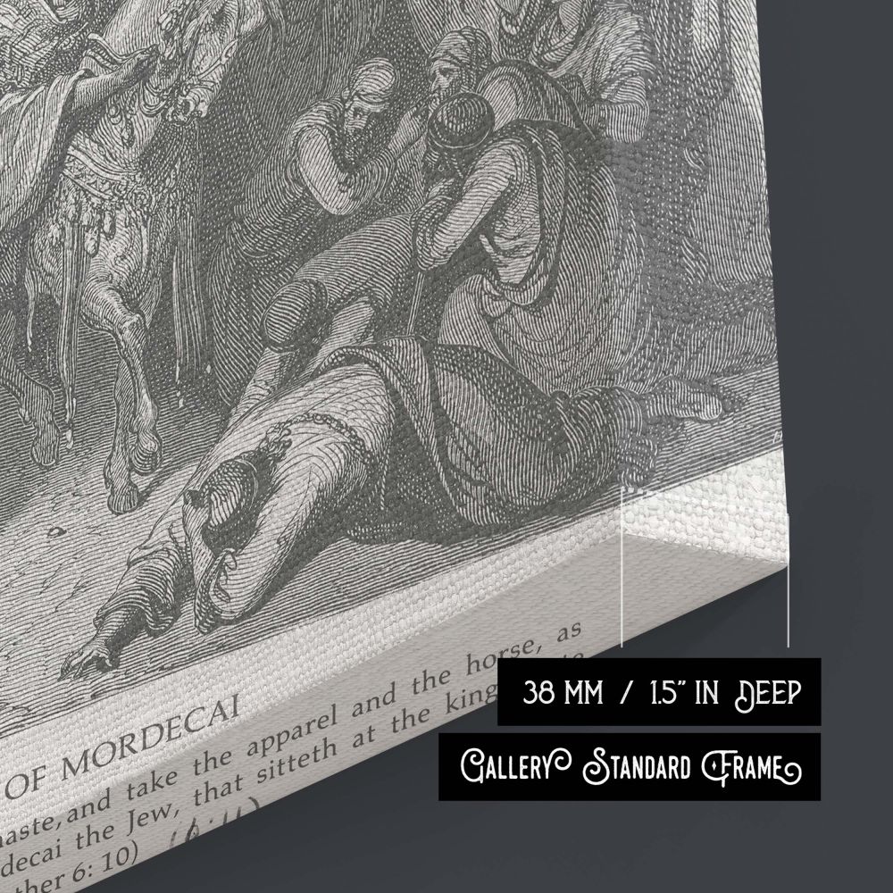 This Dore wall canvas portrays the moment of Mordecai's honor as described in the Book of Esther. Surrounded by an exuberant crowd and elaborate Persian architecture, the grayscale artwork immerses viewers in an ancient world of regal pageantry. The detai