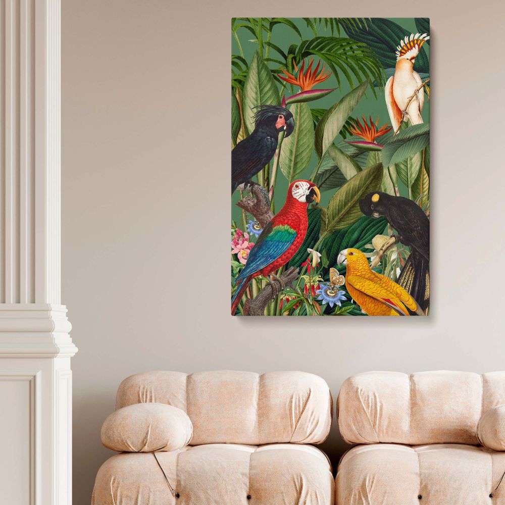 Tropical bird wall art with parrots and cockatoos perched on branches surrounded by rainforest foliage, a stunning botanical canvas print ideal for adding a bold and lively nature-inspired touch to home, bedroom, office, or entryway decor.