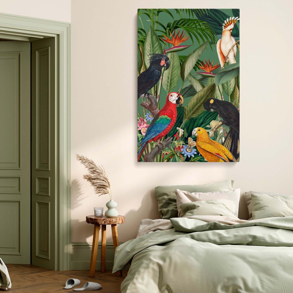 Vibrant jungle bird illustration on canvas featuring detailed depictions of parrots, cockatoos, and tropical flora, a beautiful nature-themed wall art piece perfect for wildlife lovers, art collectors, and tropical-inspired interior design enthusiasts.