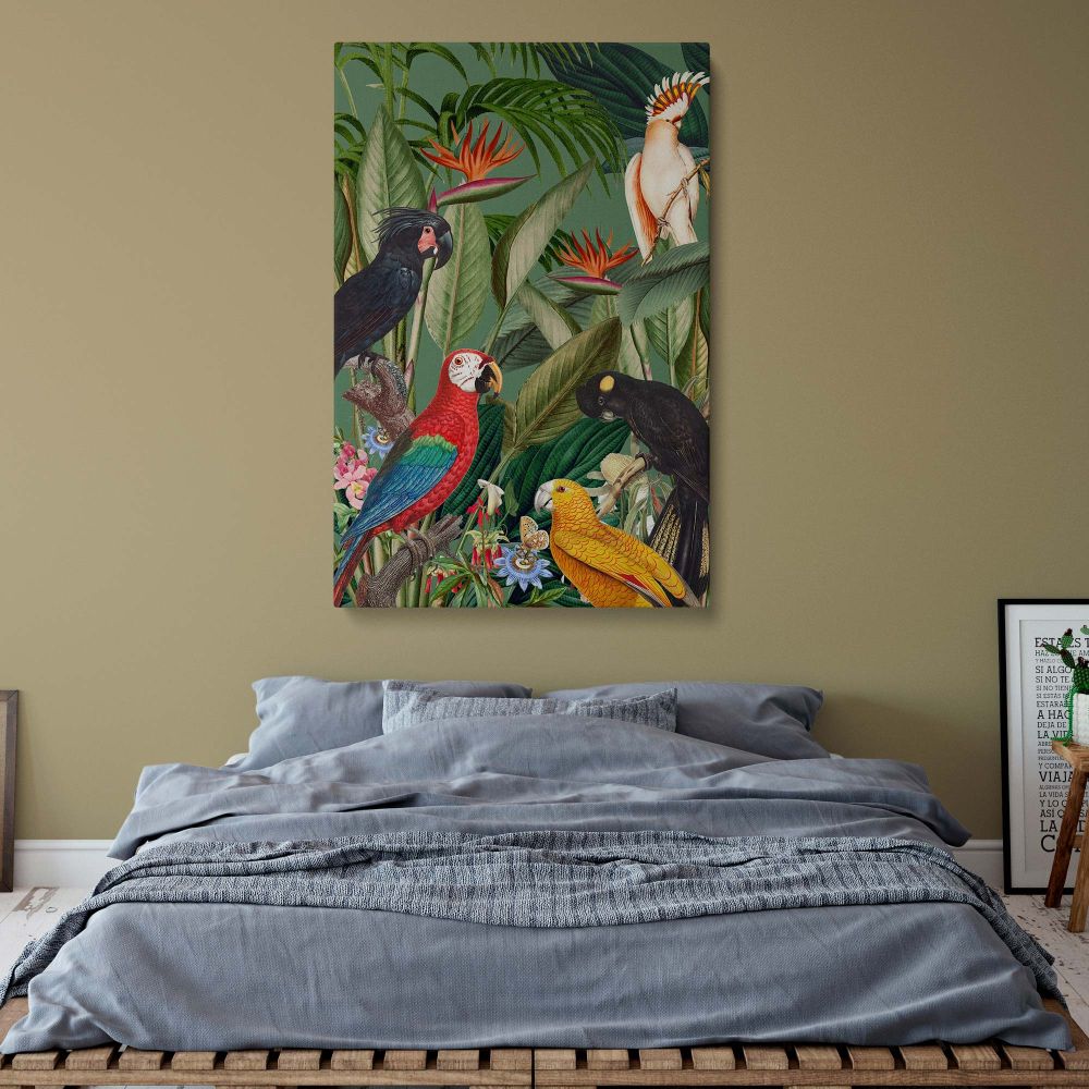 Jungle-inspired parrot and cockatoo artwork printed on canvas, a richly detailed nature wall decor piece featuring lush foliage and bright colors, perfect for adding a tropical rainforest theme to any living space, office, or bedroom interior.