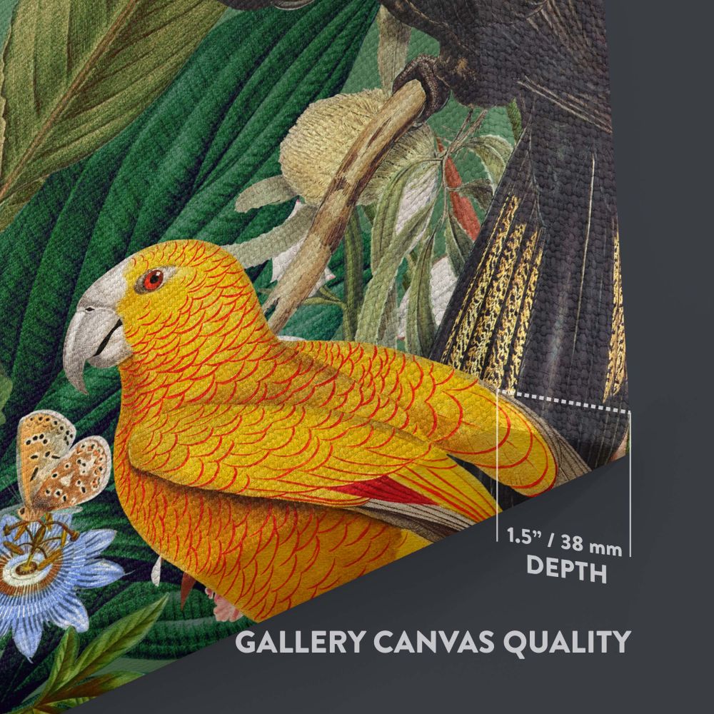 Colorful exotic bird canvas print featuring parrots and cockatoos in a jungle environment, surrounded by tropical plants and flowers, an ideal statement piece for wildlife lovers and tropical-themed home decor enthusiasts looking to elevate their space.