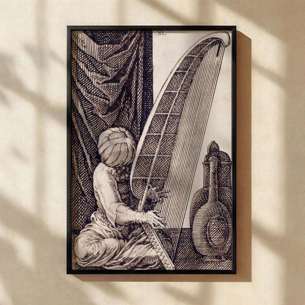 Vintage wall canvas of a Turkish harpist from the Renaissance-era print by Melchior Lorch. The monochromatic etching shows a seated man in traditional Ottoman dress, plucking a tall harp with poise and concentration. Behind him is a deeply draped curtain 