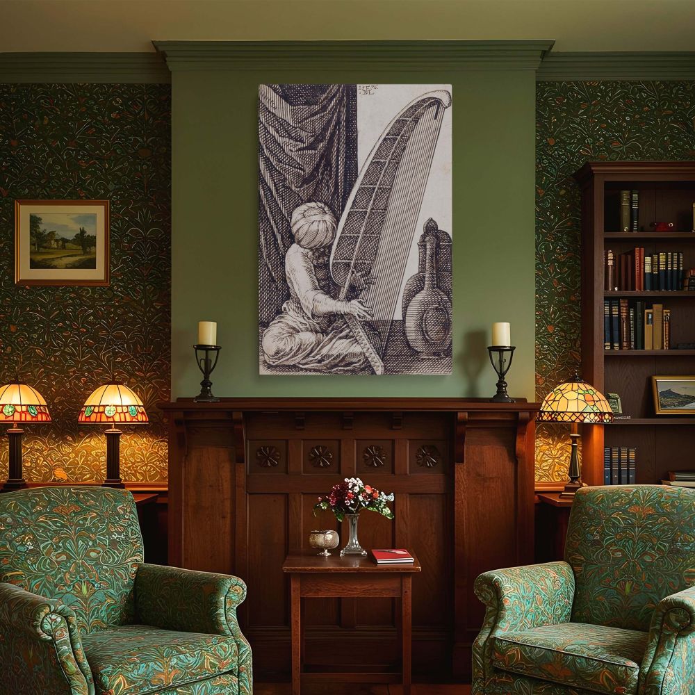 A Renaissance engraving reproduced as a wall canvas showing a seated Turkish musician playing an oversized harp. Created by Melchior Lorch, this artwork is highly detailed in crosshatch etching style and features classic Ottoman fashion with a calm and in