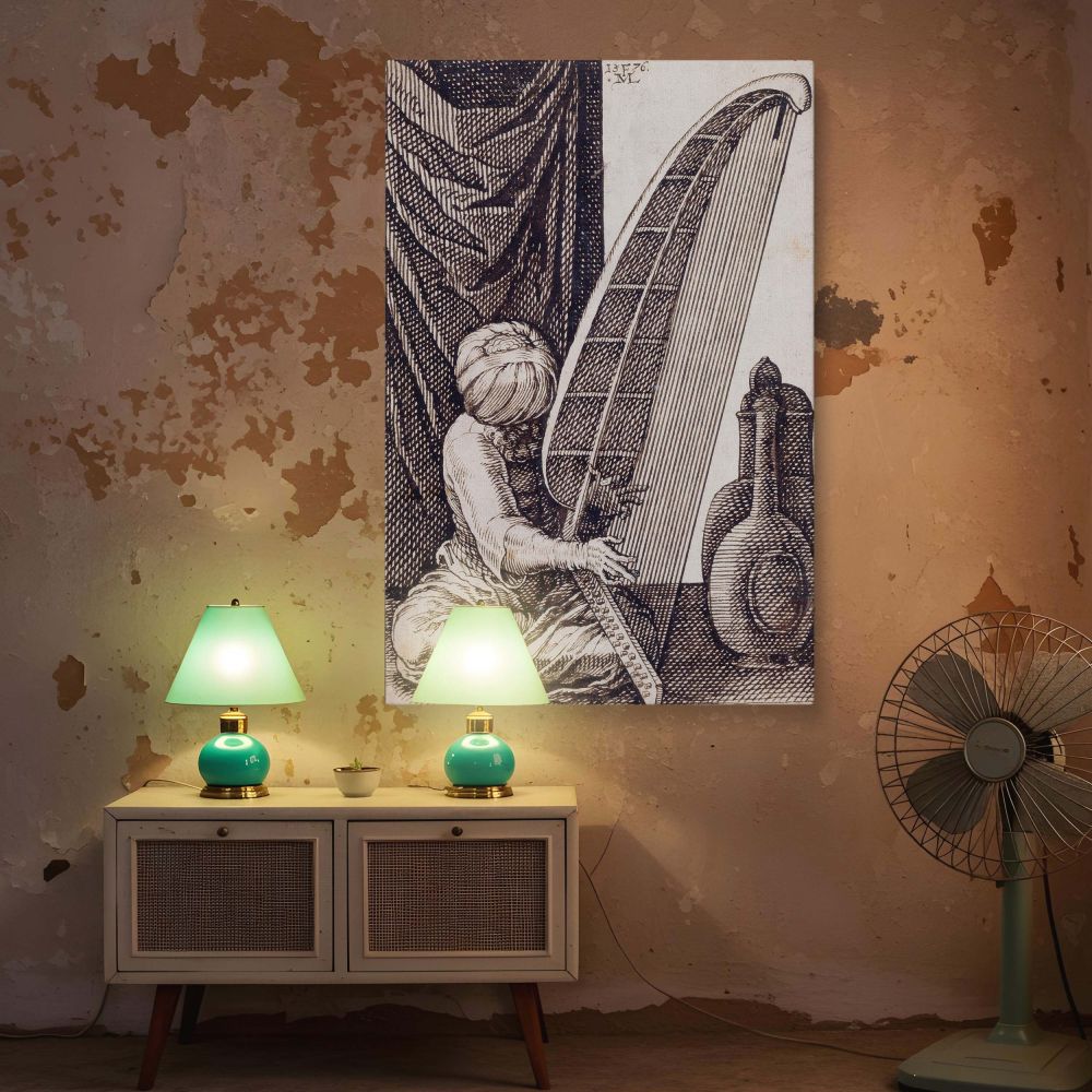 Historic line art canvas showing a figure in Ottoman attire strumming a harp, taken from Melchior Lorch's etching. The soft fabric textures and curved harp strings create an atmosphere of focused quietude. With its monochrome palette and classical mood, t