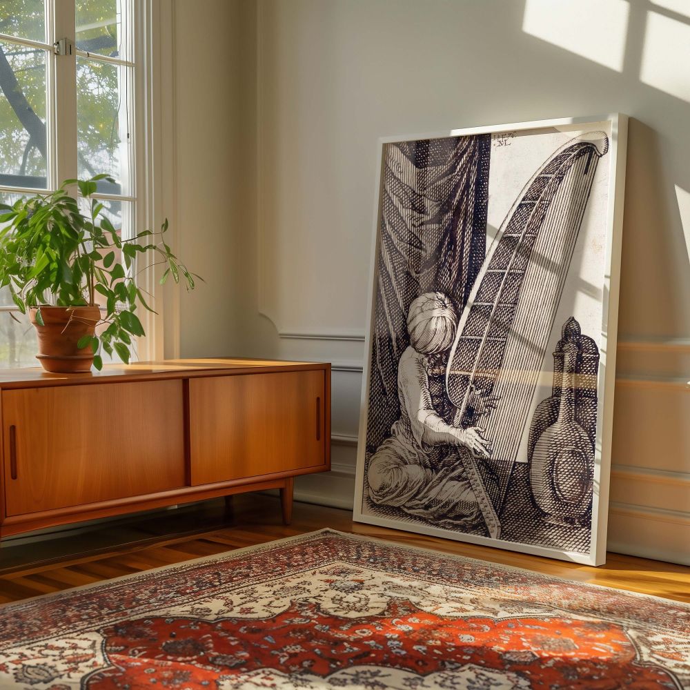 Black and white canvas of Melchior Lorch's Turkish musician etching, showing an intricately dressed harpist under a grand curtain. The artist's use of light, line, and shadow invites focus and stillness. Perfect for scholarly spaces, art studios, or histo