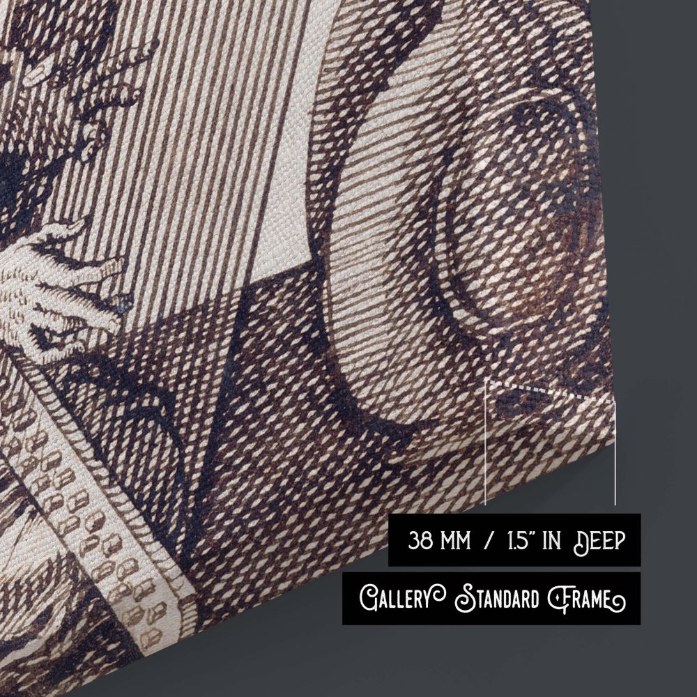Canvas wall art of an Eastern musician playing a harp, etched by Melchior Lorch. The detailed linework and dramatic fabric backdrop emphasize a quiet, reverent moment in black and white. With its elegant contrast and rhythmic linear structure, this artwor