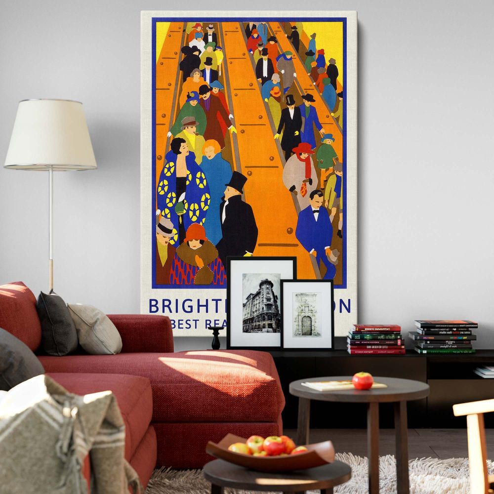 Vibrant wall canvas showing stylish crowds on escalators in vintage London with bold colors and the phrase 