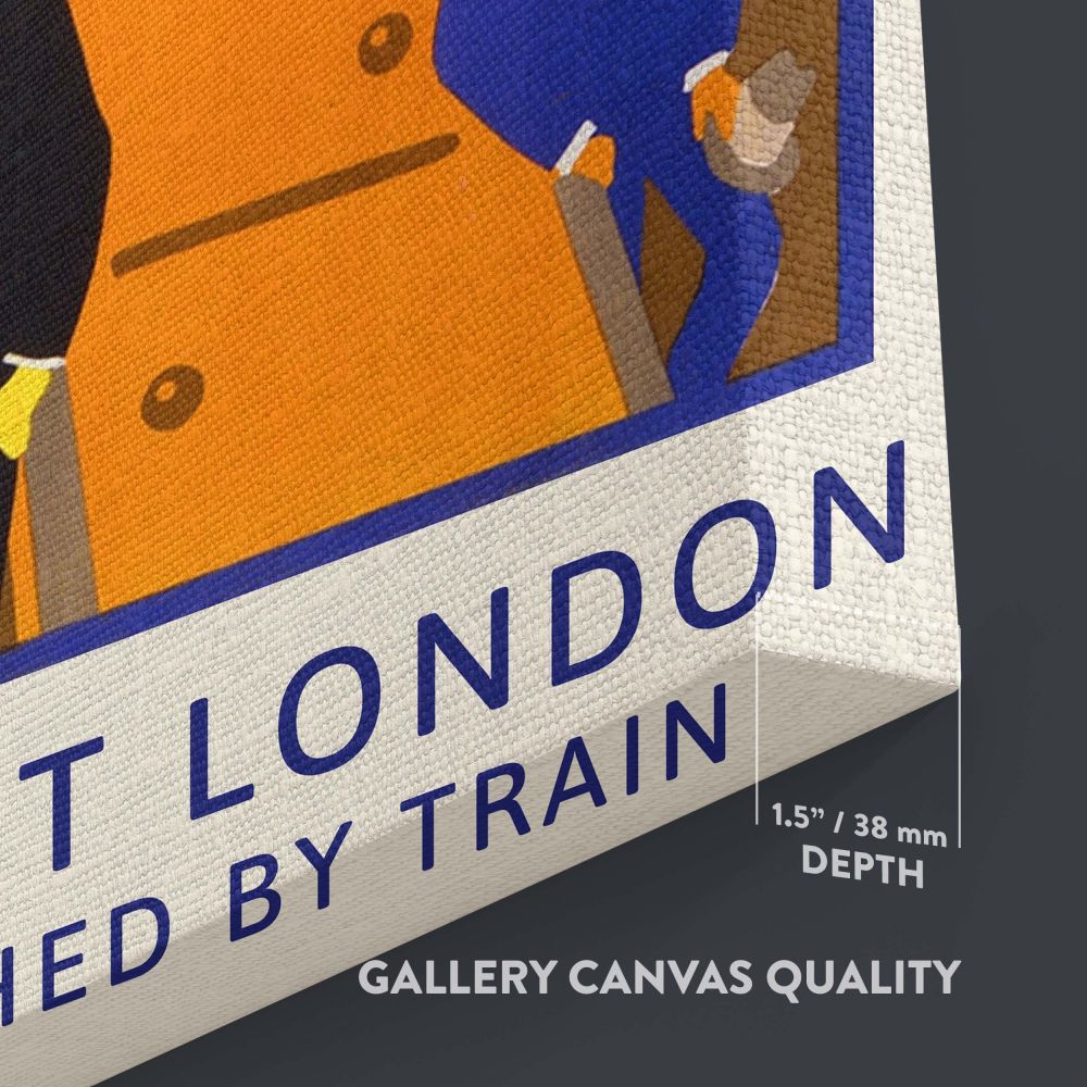 Eye-catching vintage wall art featuring London crowds on escalators dressed in stylish attire with bright colors and the nostalgic phrase 