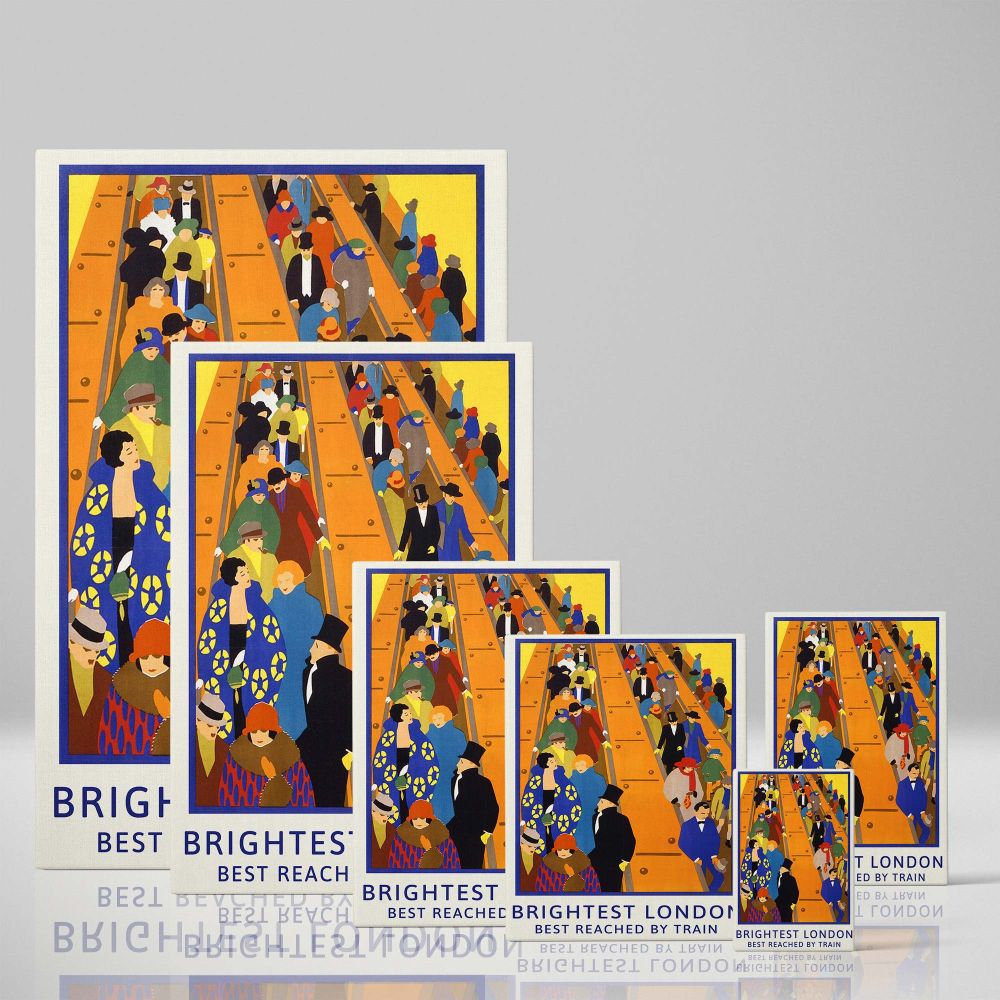 Nostalgic London canvas showcasing a lively crowd on escalators with vibrant colors and the retro slogan 