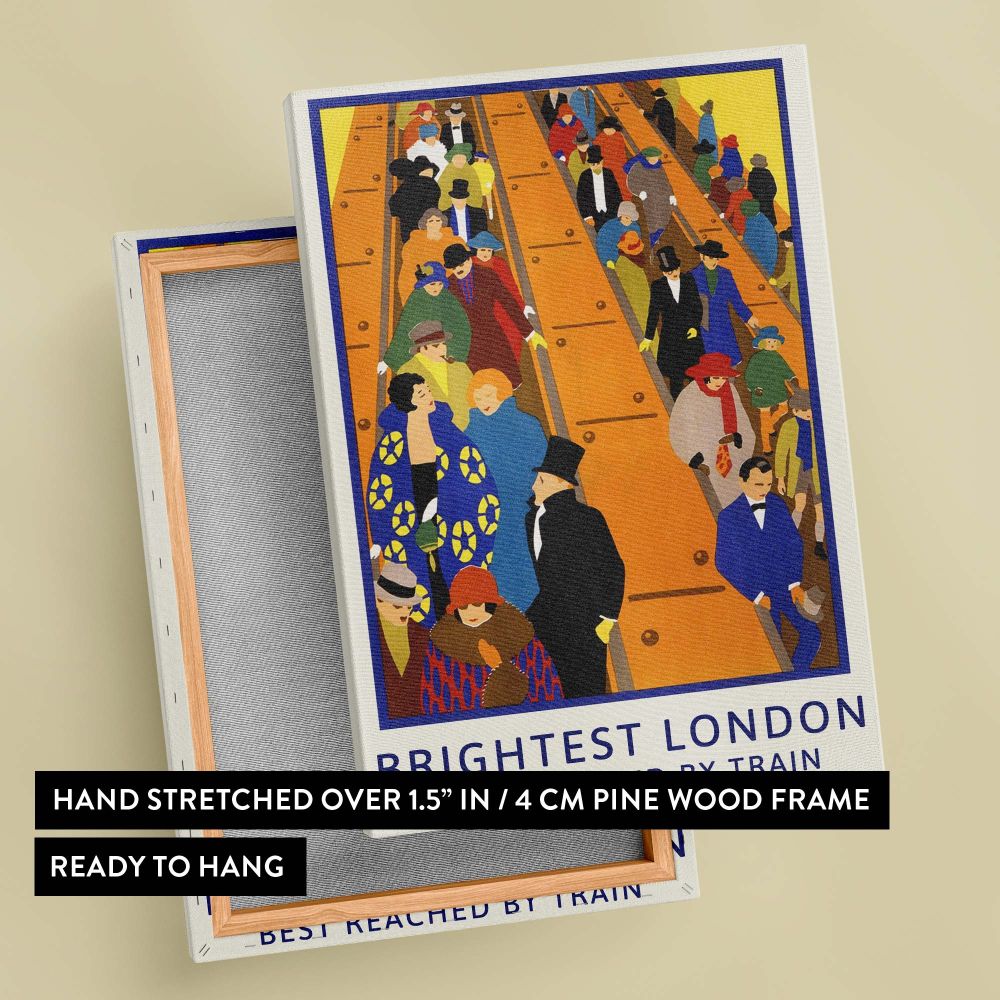 Vintage travel-themed canvas featuring fashionable London crowds on escalators with vibrant yellows and blues and the phrase 