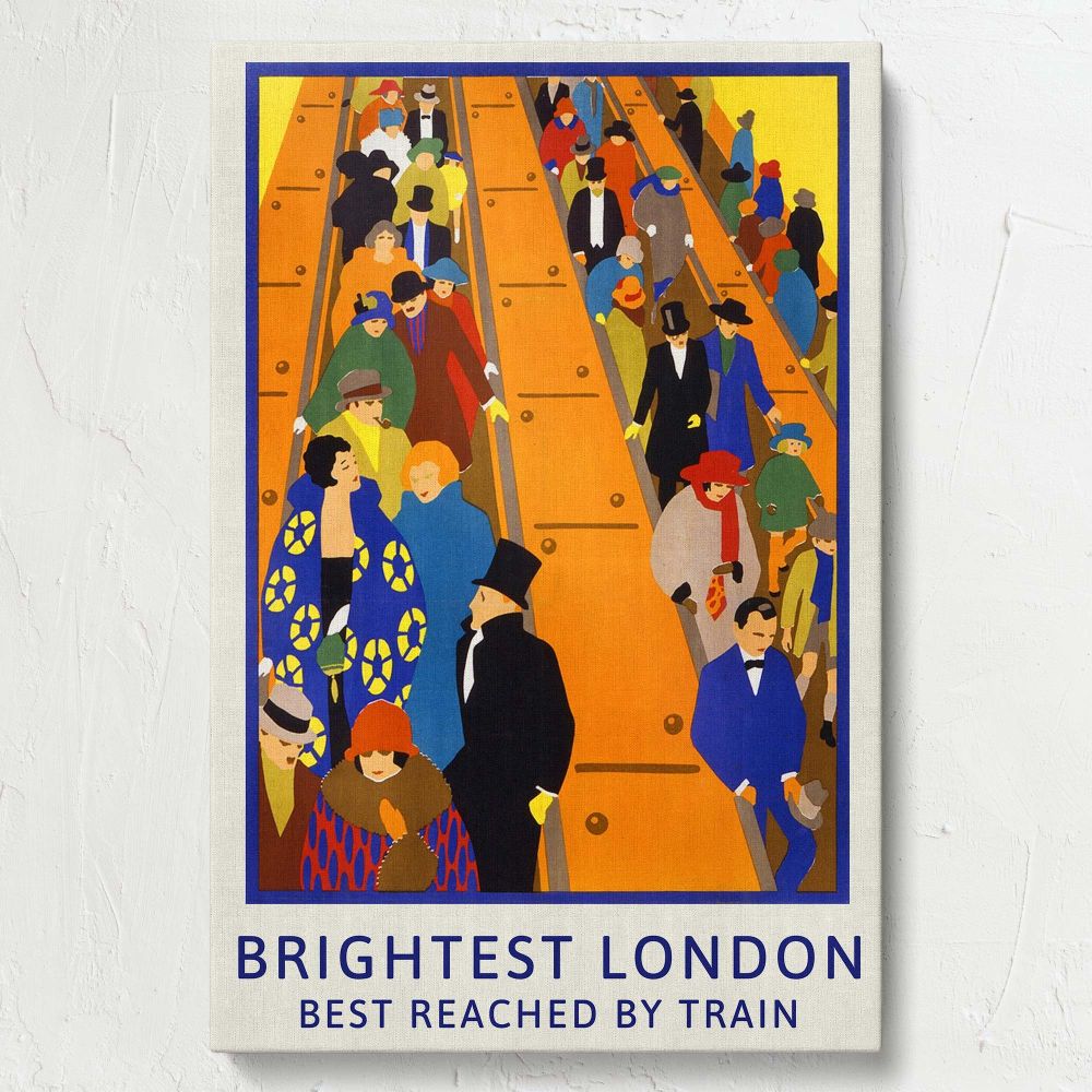 Bold London wall art illustrating a retro crowd on escalators with vibrant colors and the phrase 