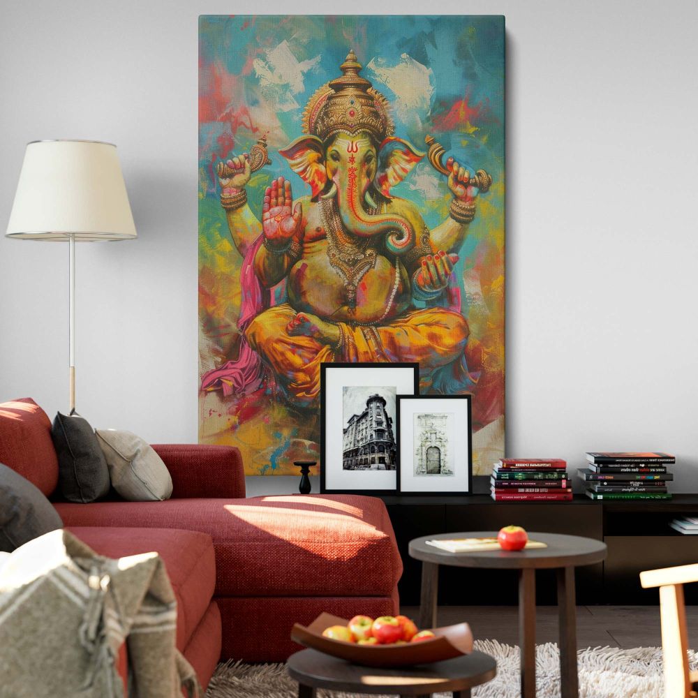 Vibrant Ganesha canvas wall art featuring a colorful Hindu god painting, perfect for spiritual home decor, meditation spaces, temple settings, or yoga studios, a high-quality sacred artwork that radiates wisdom, prosperity, and divine blessings.