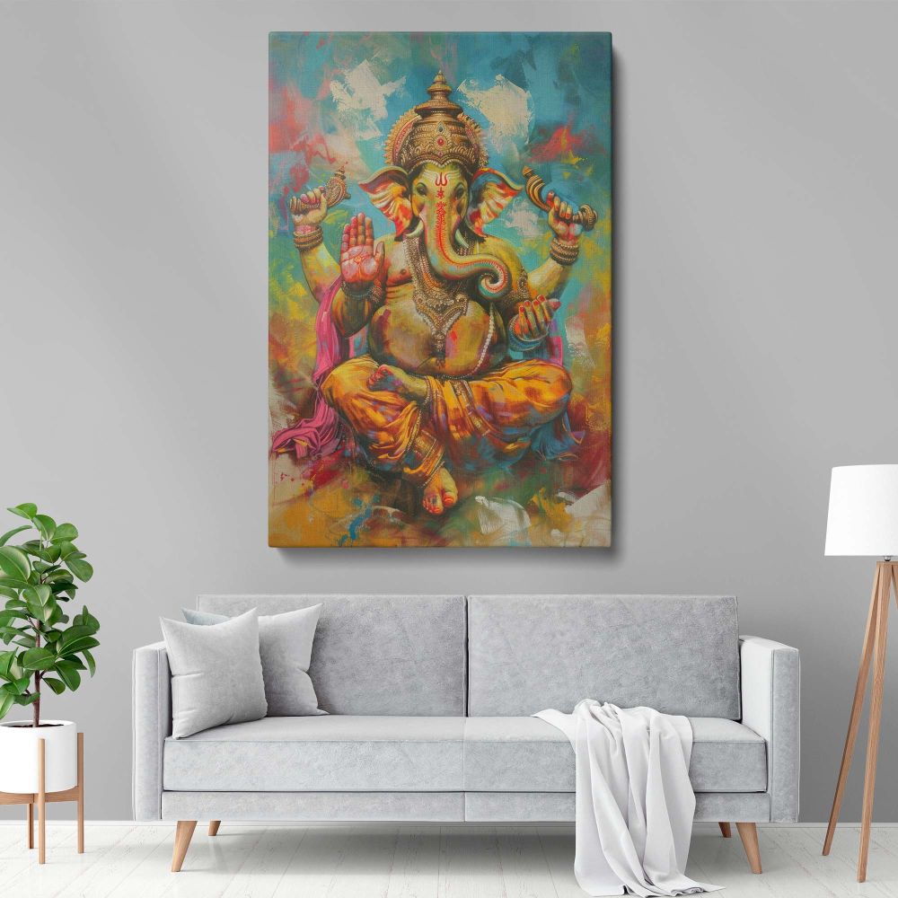Divine Ganesha canvas wall art, a unique Hindu god painting with radiant hues and artistic details, printed on premium canvas, suitable for temples, yoga studios, spiritual retreats, or homes seeking a touch of sacred energy and inspiration.