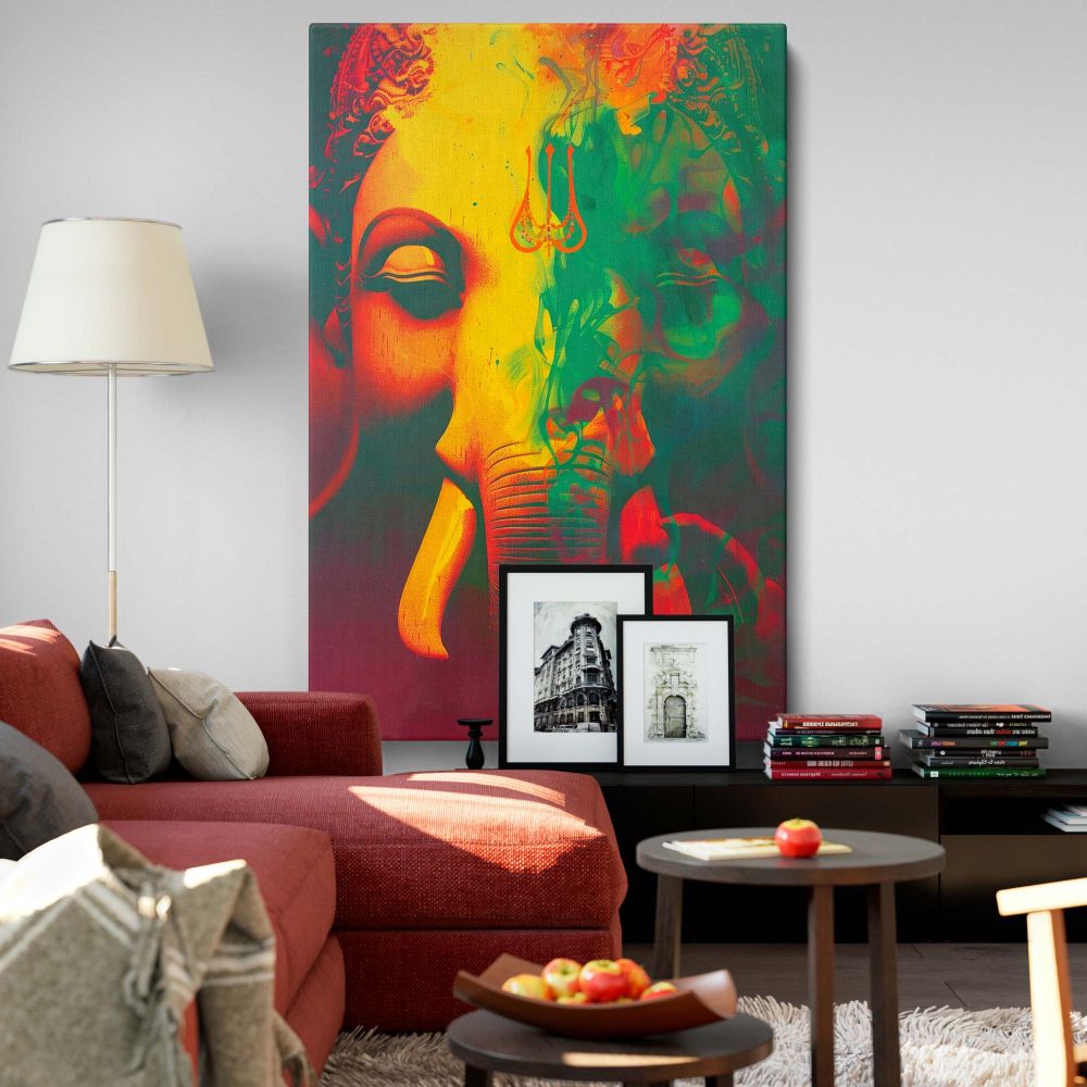 Vibrant abstract Lord Ganesha canvas wall art with bold red, green, and yellow hues, a spiritual Hindu painting perfect for meditation rooms, home temples, puja spaces, or as a sacred Hindu decor piece for prosperity and divine blessings.