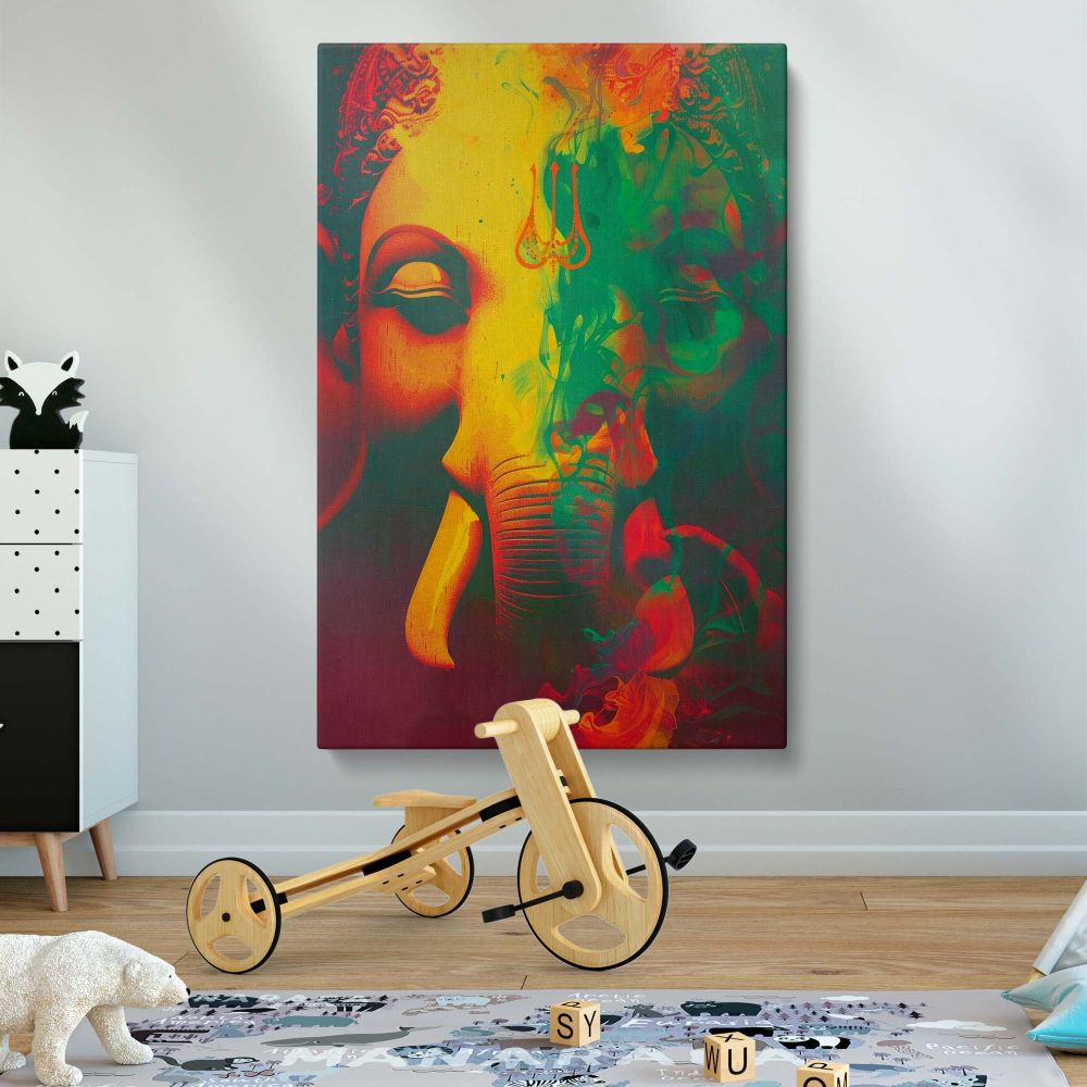 Hindu mythology abstract canvas print of Lord Ganesha with dynamic colors and spiritual symbolism, a framed artwork ideal for puja rooms, meditation spaces, or yoga studios seeking positive energy and divine artistic inspiration.