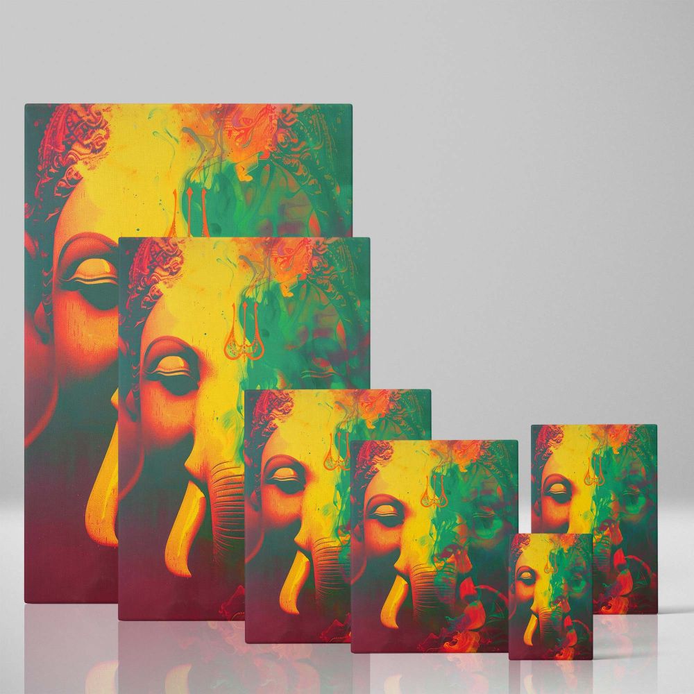High-quality Ganesha framed canvas print depicting an abstract Hindu deity in vibrant artistic hues, a meaningful religious artwork perfect for home sanctuaries, meditation areas, puja rooms, or modern spiritual living spaces.