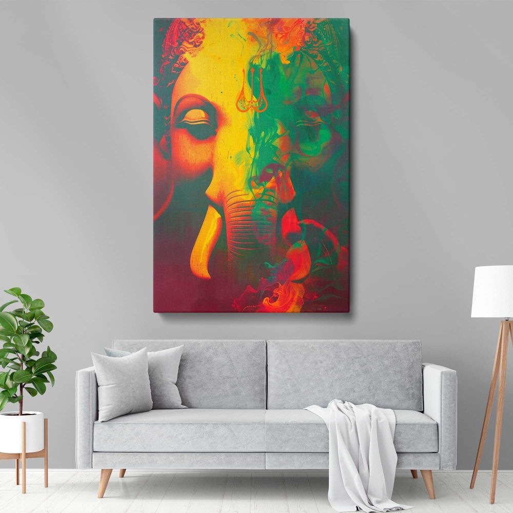 Prosperity and wisdom canvas wall art featuring Lord Ganesha with rich red, yellow, and green artistic blends, a stunning Hindu mythology artwork perfect for temple decor, spiritual home interiors, or as a devotional print for worship.