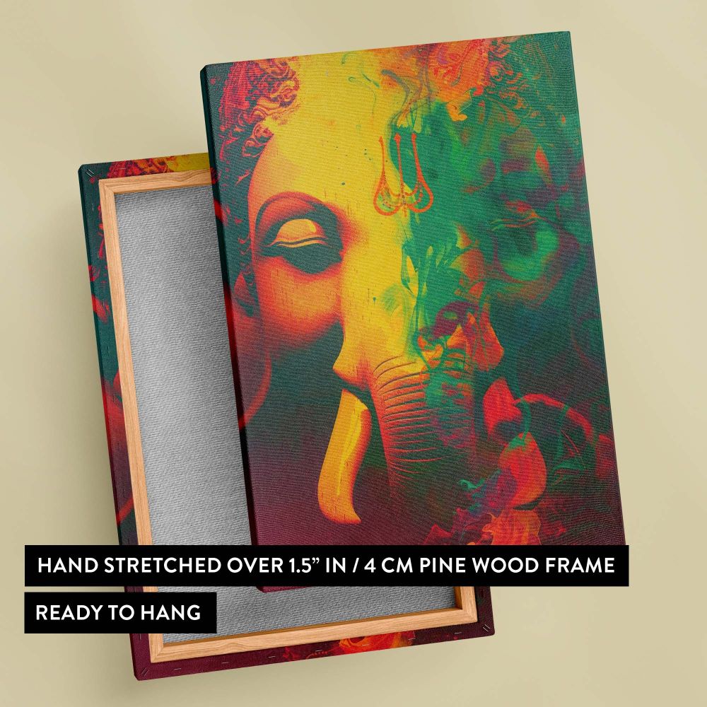 Hindu Lord Ganesha framed wall art featuring a glowing abstract artistic representation with bold trident details, an intricately designed spiritual painting ideal for prayer rooms, meditation centers, and home temple decor.