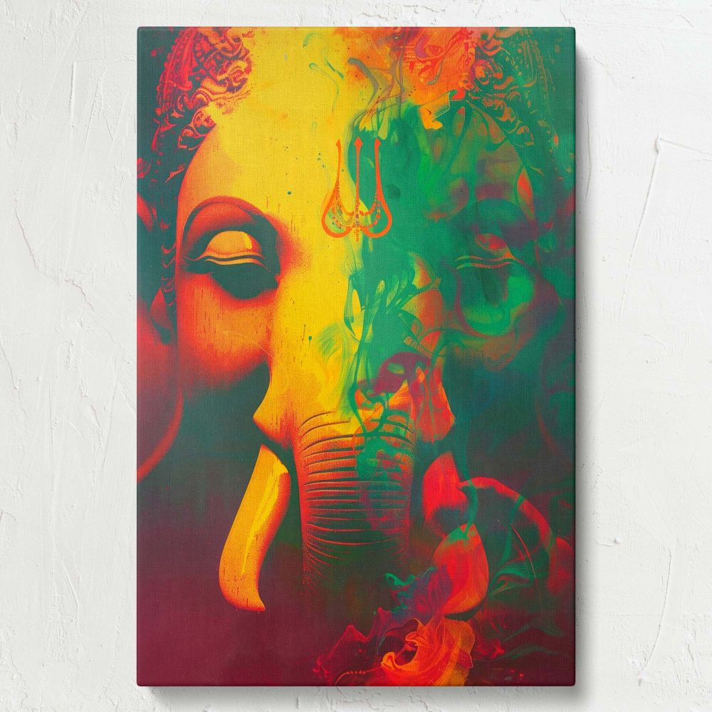Sacred Ganpati framed canvas print featuring an abstract divine painting of Lord Ganesha, a perfect Hindu wall decor piece for sacred corners, meditation rooms, or spiritual offices seeking vibrant colors and divine positive vibrations.