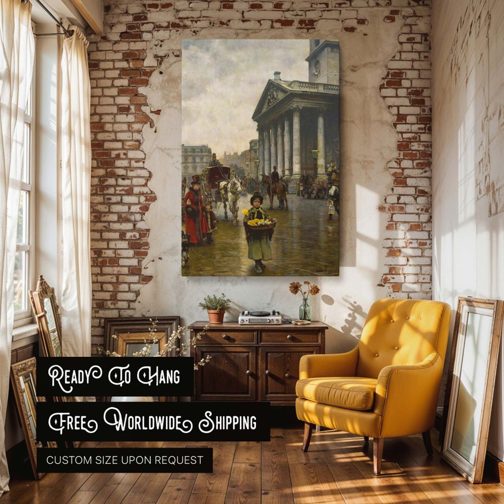 This Victorian canvas wall print reproduces William Logsdail's atmospheric street scene in front of St Martin-in-the-Fields. Featuring a flower girl with a tray of blossoms, horse-drawn carriages, and a London church under cloudy skies, this artwork offer