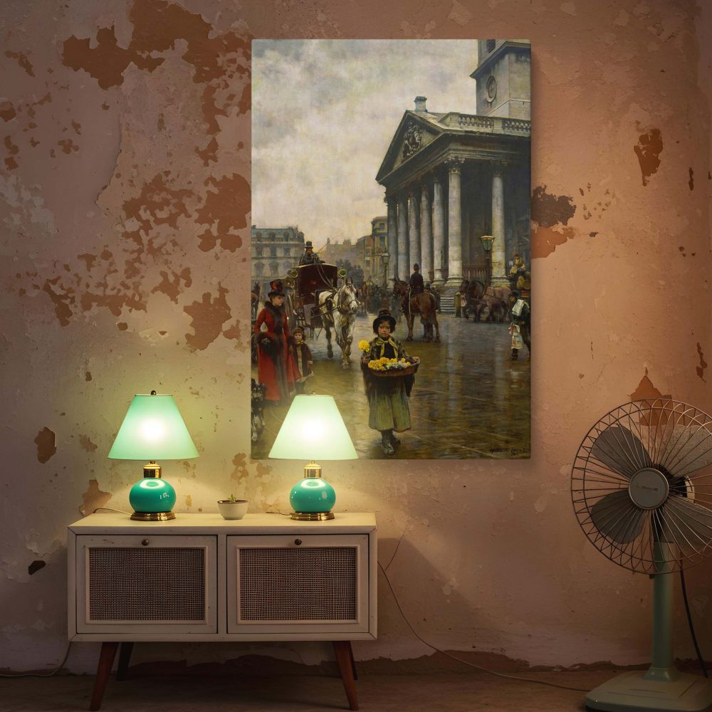 Canvas wall art depicting a Victorian London scene by William Logsdail, with flower vendors, passing carriages, and detailed architecture under overcast skies. The grand church of St Martin-in-the-Fields anchors the composition while the flower girl adds 