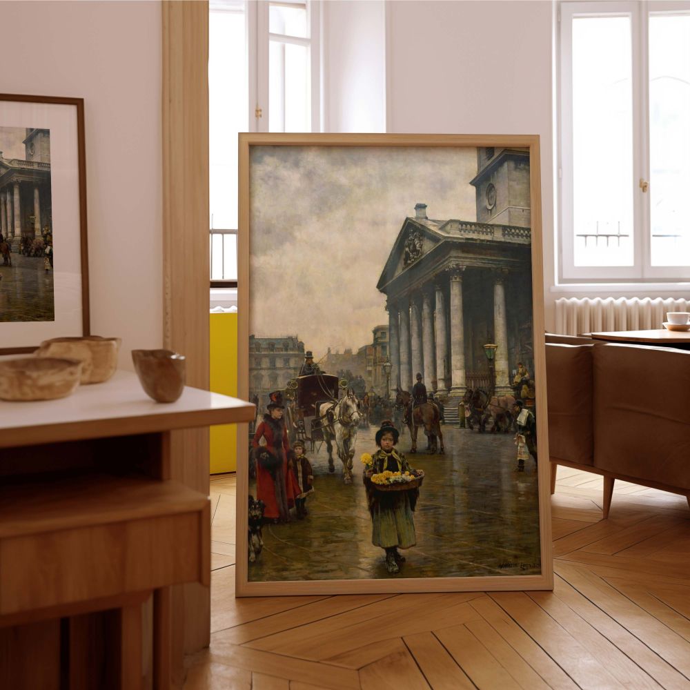 Historical charm meets artistic precision in this canvas wall print of William Logsdail's St Martin-in-the-Fields. Capturing a moment in London's past, the artwork showcases a flower girl, carriages, and a grand neoclassical building in rainy weather. The