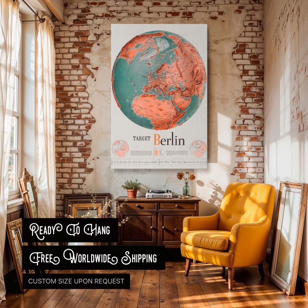 Berlin Map Print - 1943 Target Berlin WWII Map on Canvas. A unique map art piece featuring a historical travel map of Berlin. Ideal for wall art, home decor, and office wall decor, this canvas print makes a perfect gift for history lovers. Available as a 