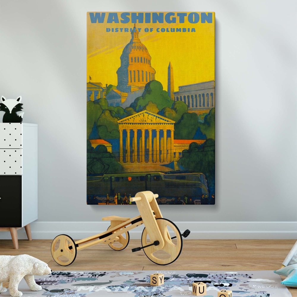Retro Washington DC wall art featuring the Capitol Building Lincoln Memorial and Washington Monument surrounded by vibrant greenery and bold colors in a classic vintage style highlighting the historic charm and grandeur of the nation's capital.