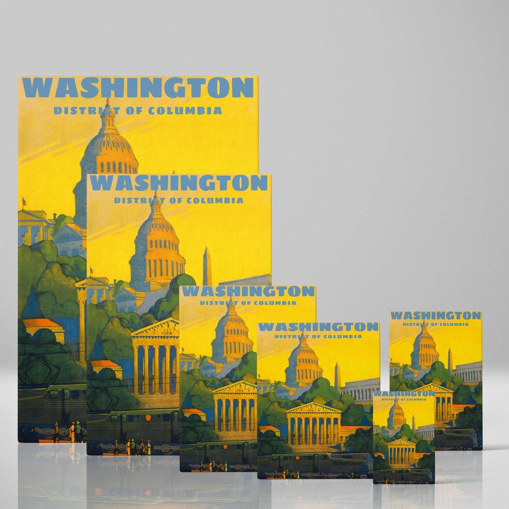 Washington DC cityscape wall art featuring the Capitol Building and Washington Monument with bold colors retro design and a historic theme blending iconic landmarks and lush greenery to celebrate the charm of the United States capital.