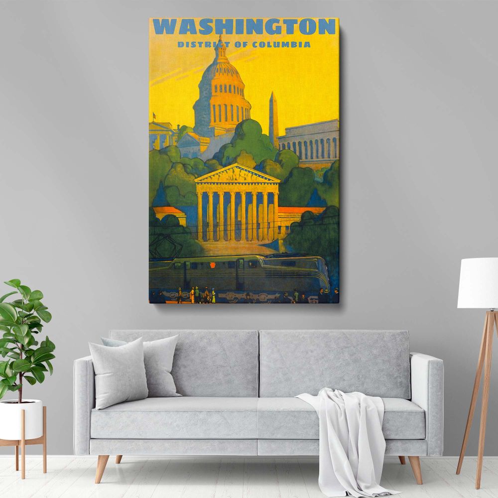 Historic Washington DC canvas art showcasing the Lincoln Memorial Capitol Building and Washington Monument in bold colors with a retro travel poster style celebrating the nation's capital and its timeless architectural beauty.