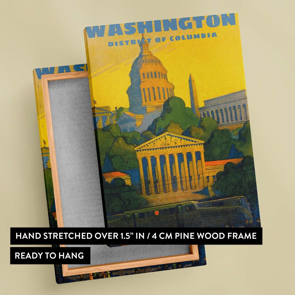Vibrant Washington DC-themed wall art illustrating the Capitol and Lincoln Memorial surrounded by green foliage and dramatic colors designed in a vintage travel poster style celebrating the historic landmarks of the capital city.