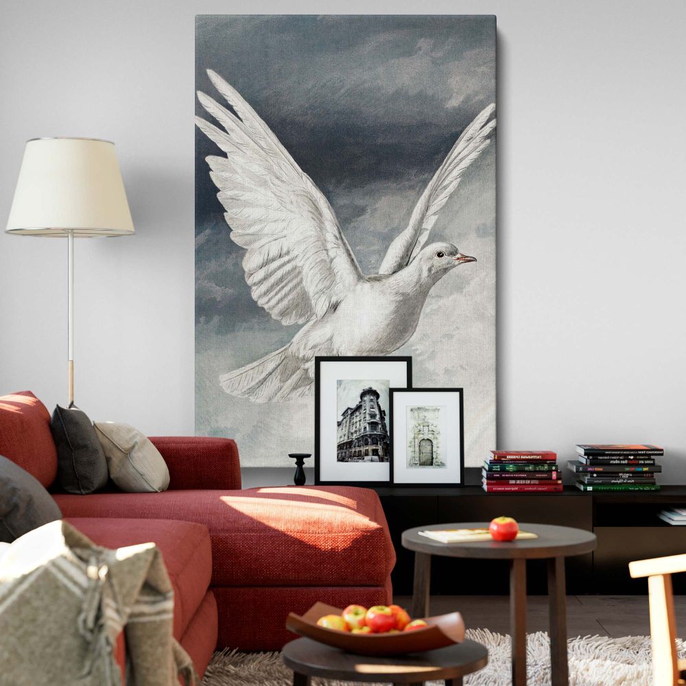 Easter Dove vintage illustration canvas print, an 1881 artwork by L. Prang & Co featuring a white dove soaring in a cloudy sky, symbolizing peace and purity, perfect for religious home decor, church wall art, or spiritual meditation spaces.