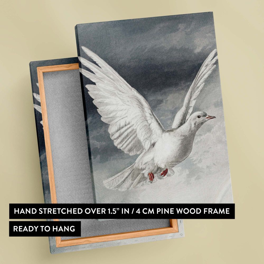 Museum-quality religious canvas wall art featuring a white dove in flight, printed on high-quality gallery-wrapped canvas, a beautiful vintage artwork that adds a serene and peaceful touch to home prayer rooms, offices, and meditation spaces.