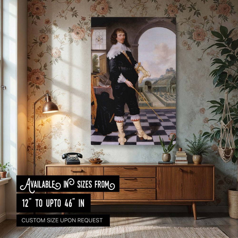 Canvas wall print of Portrait of William Style of Langley showing a nobleman in black formal wear standing on a checkered floor with gloves and a sword. Behind him, a Renaissance-style garden is visible through an open arched doorway, framed by classical 