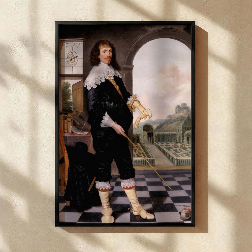 Elegant canvas print of a 17th-century portrait depicting William Style of Langley in formal black dress with white lace collar and cuffs. The room's checkered flooring and open garden view evoke a stately ambiance. The intricate background reveals books,