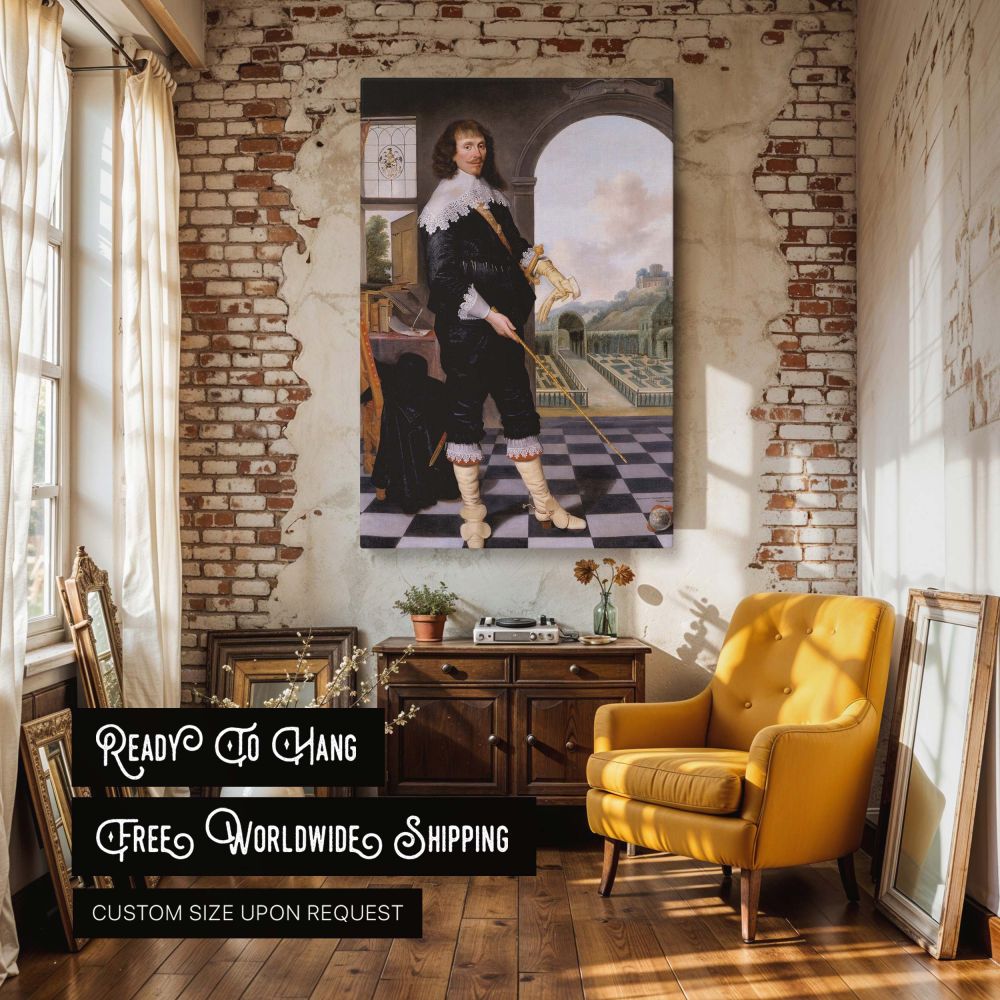 Portrait wall canvas of William Style featuring dramatic contrasts between deep blacks and luminous whites, enhanced by finely painted gloves, textures, and rich lace. The scene includes a window and an open archway framing a maze-like Renaissance garden.