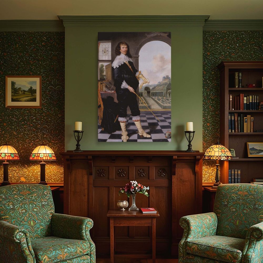 17th-century canvas wall print portraying a dignified William Style holding gloves and cane in a richly detailed setting with black attire and lace trim. The checkered tile floor leads to a large open archway with a view of a formal garden and distant bui