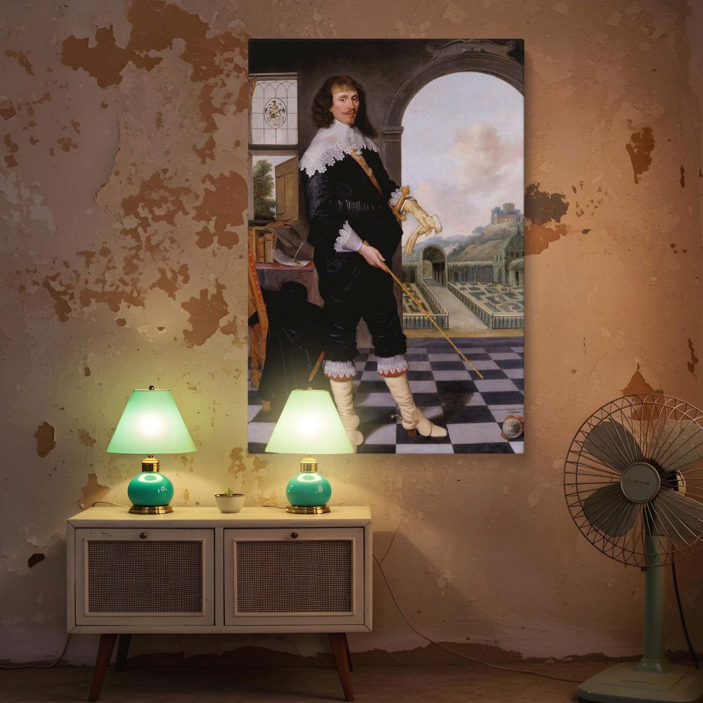 Baroque-style wall canvas of William Style of Langley captured with exquisite detailing, from the gloves and sword to the embroidered furniture and garden view. His composed posture and expression add gravitas and historical intrigue. This piece infuses a