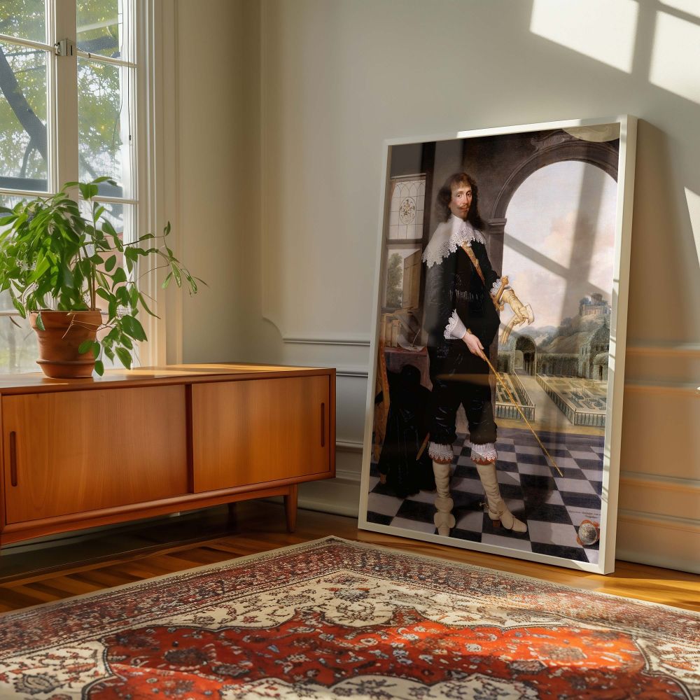 Museum-quality canvas print of William Style standing confidently with a garden scene behind, rendered in light blues, blacks, and whites. The polished checkered floor, open window, and architectural arch enhance the noble tone of the painting. A powerful