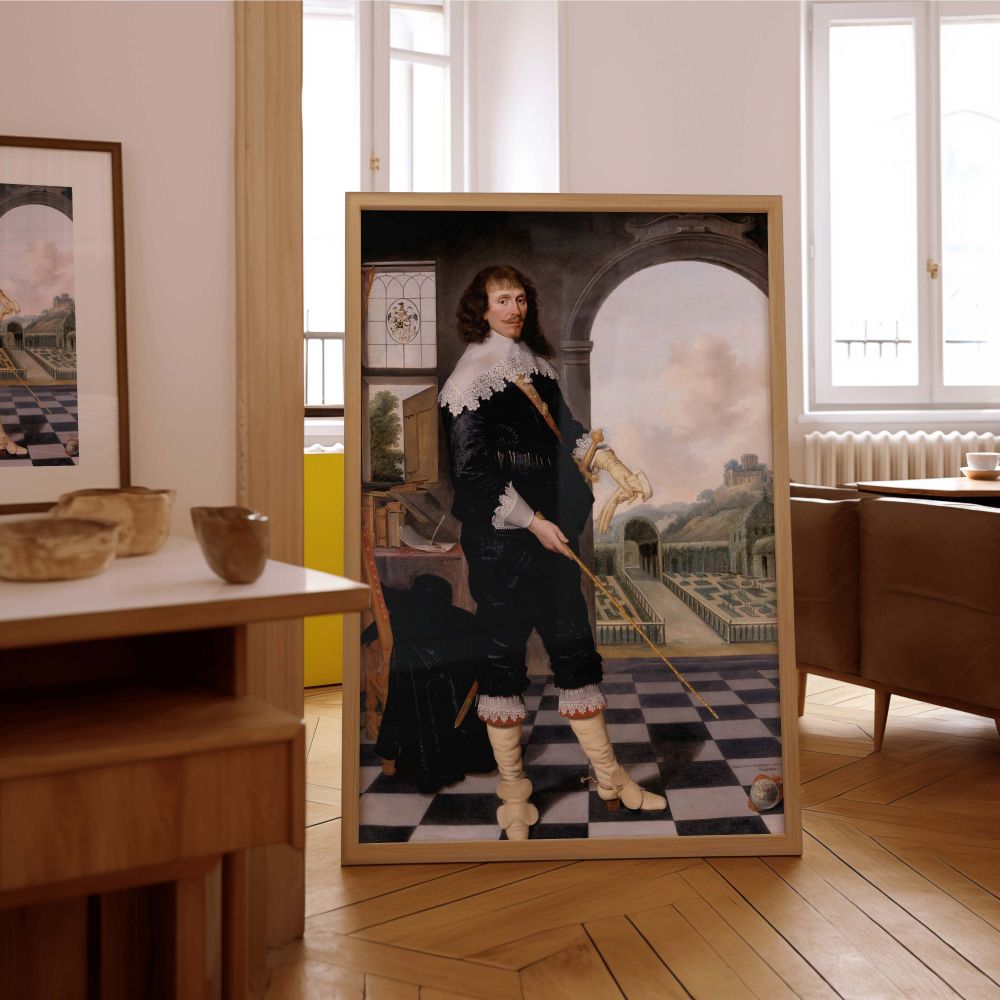 Portrait canvas print showing William Style of Langley in a stately pose with gloves in hand, set within a bright room featuring arched views of a garden. Rich black and ivory tones contrast beautifully against the background of rolling hills and estate. 