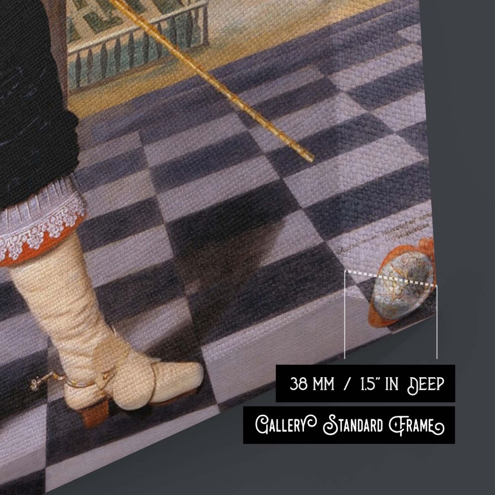Canvas wall art portraying a formally dressed William Style amid a carefully rendered interior and exterior composition. The image features symbolic accessories such as gloves and cane, set in a checker-floored room with classical windowpanes. Through the