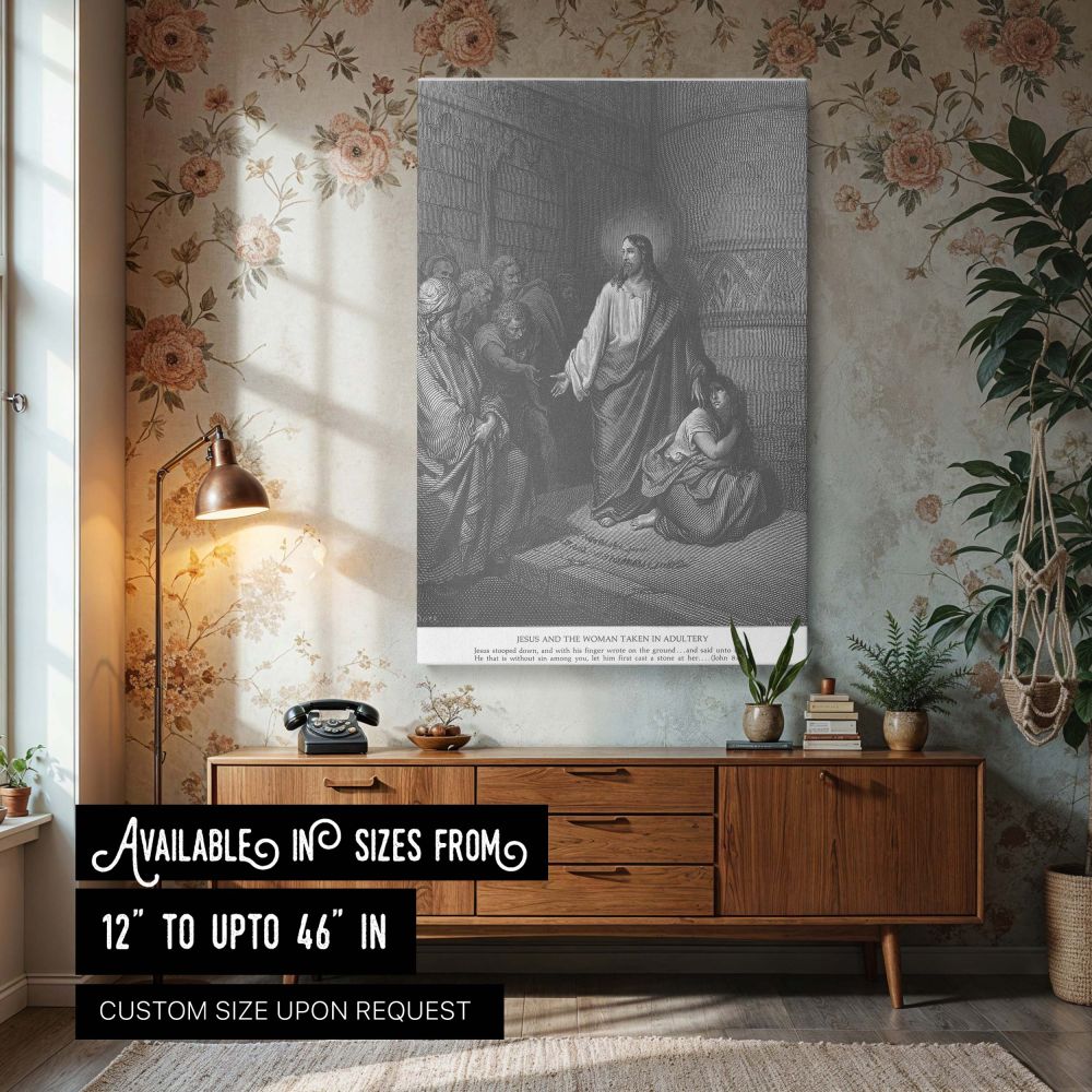 Canvas wall art featuring Jesus and the Woman Taken in Adultery by Gustave Dore showing Christ defending a kneeling woman before a crowd of accusers, conveying a powerful biblical message of mercy and judgment in classical engraving style ideal for Christ