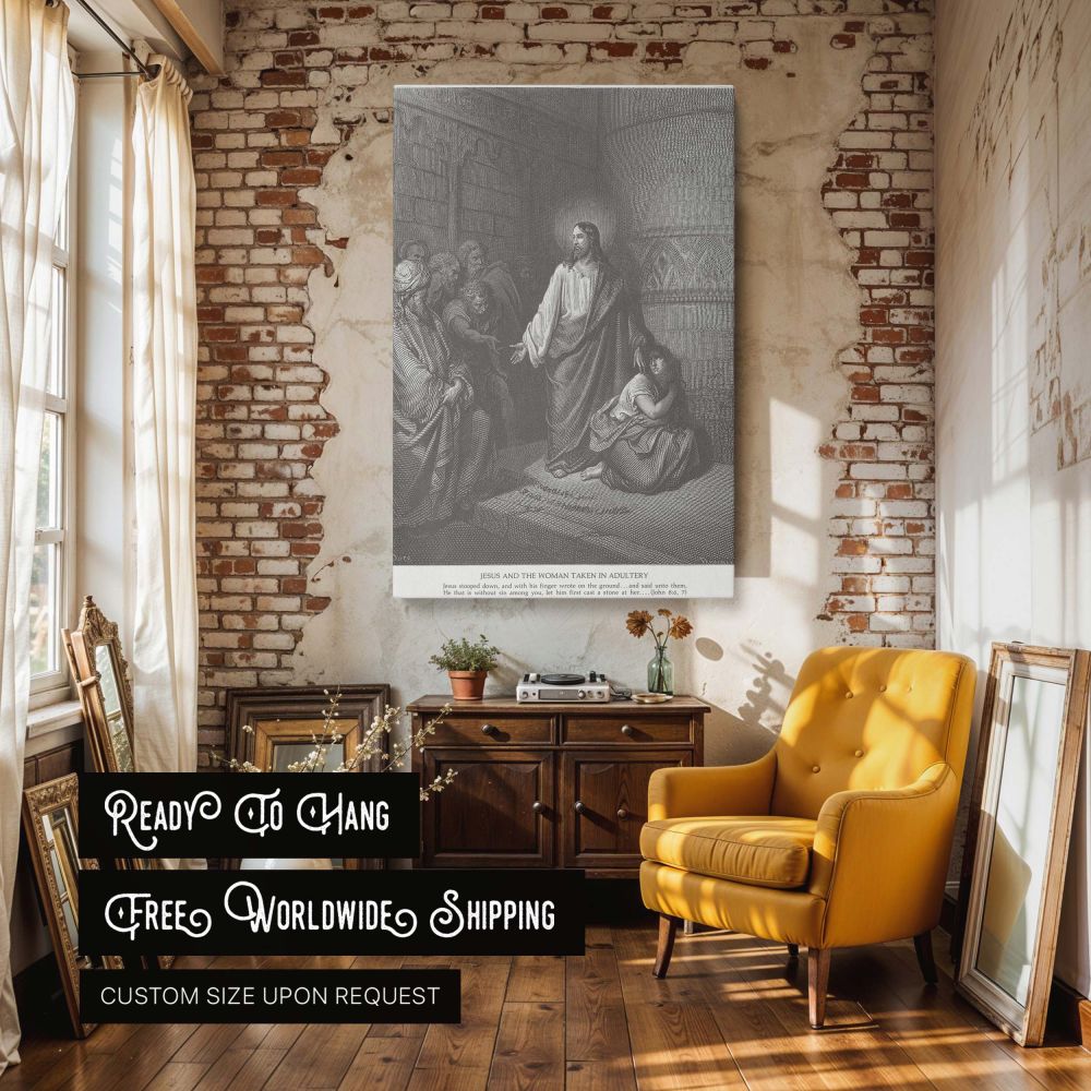 Biblical canvas wall art of Jesus and the Woman Taken in Adultery rendered by Gustave Dore capturing Christ's powerful words of forgiveness, depicted in emotional classical lines and shadows, perfect for Christian interiors and religious storytelling thro
